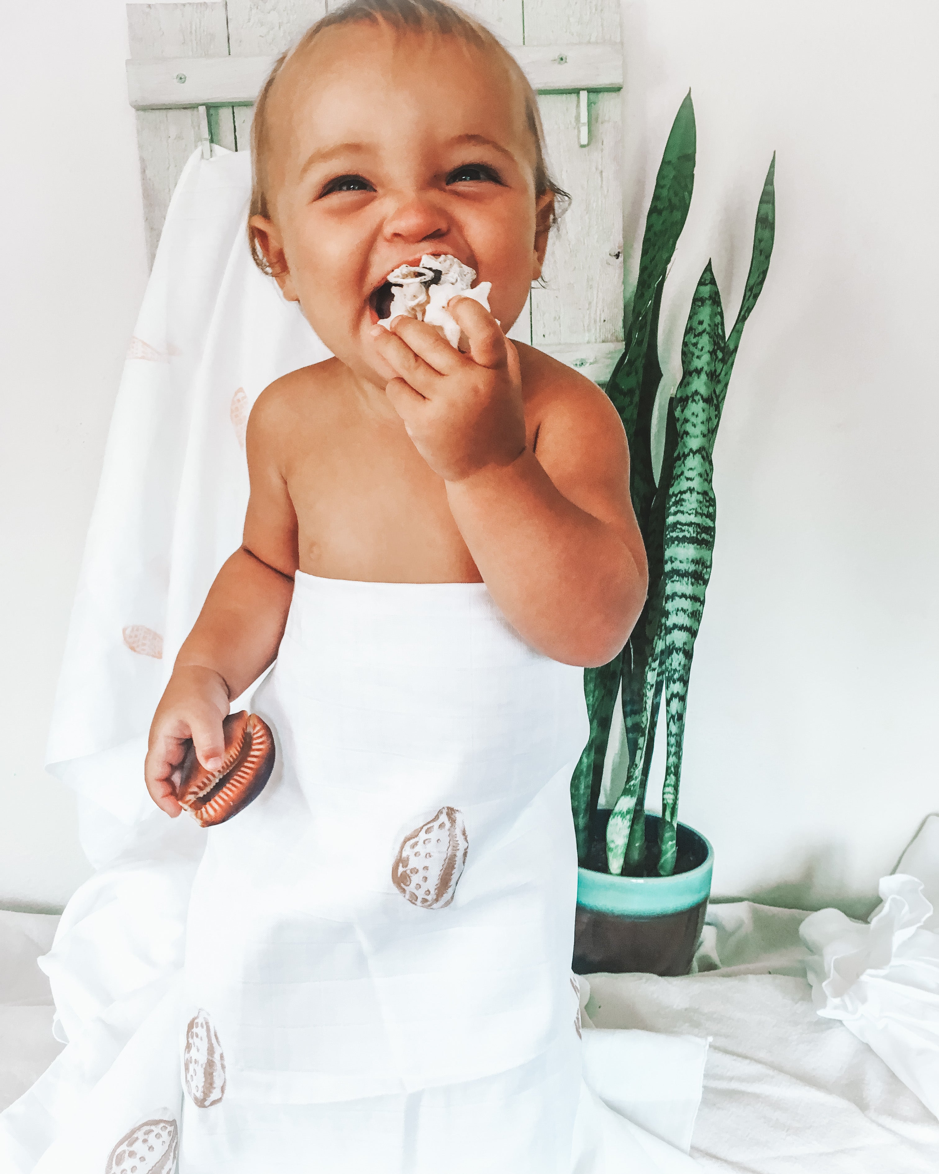 Baby with seashell print organic muslin baby swaddle